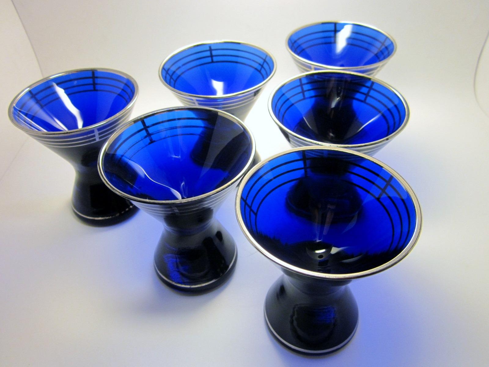 Art Deco Cobalt Blue Glass Martini Glasses Set Six Modernism 