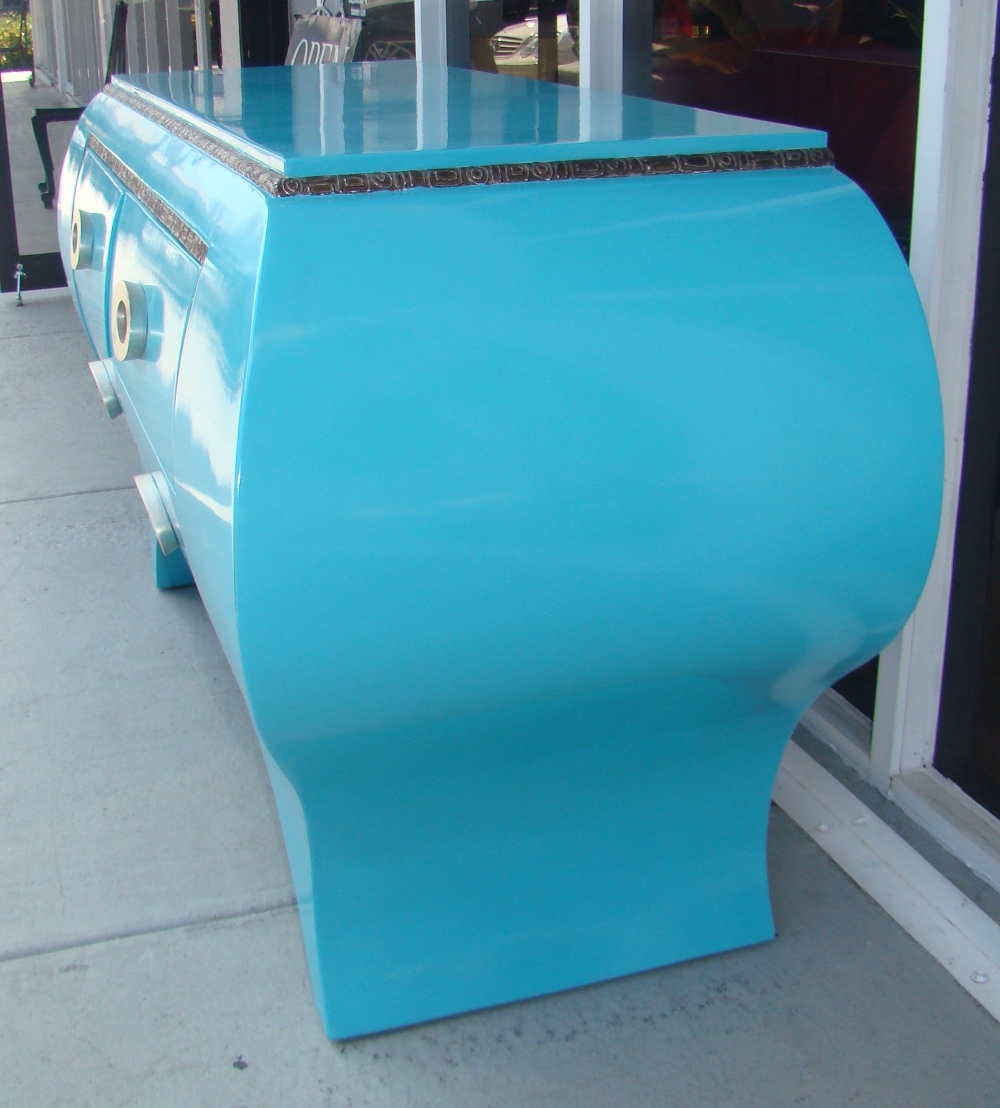 Sinuous Dresser In Blue Lacquer With Silvertone Accents | Modernism
