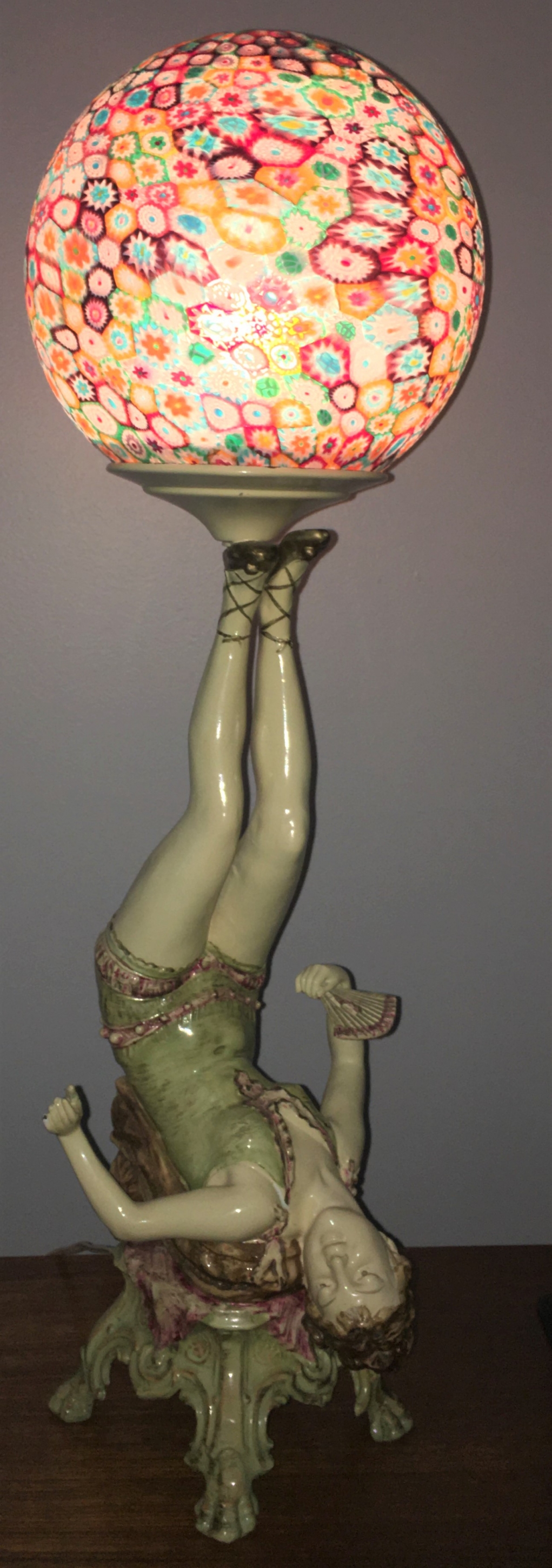 Art Deco Polychrome Figural Burlesque Dancer Lamp with Millefiori