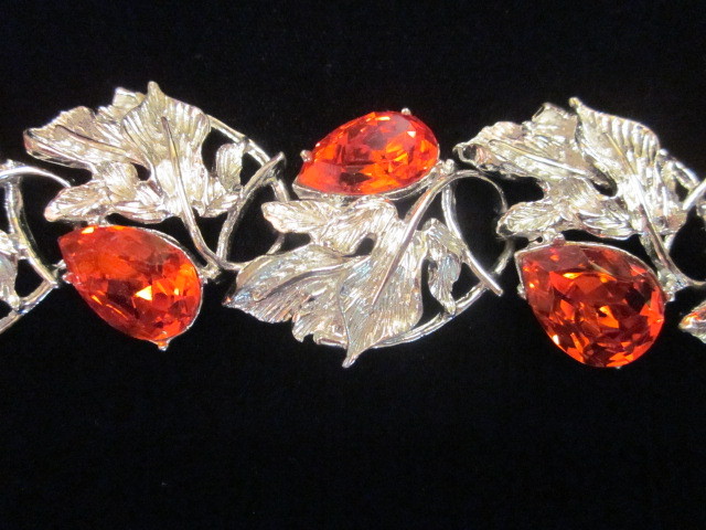 Vintage Bracelet Huge Glowing Orange Rhinestones And Leaves