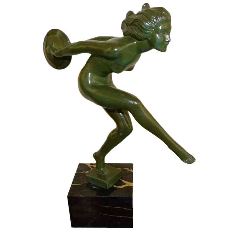 French Art Deco Female Nude Disc Dancer Statue By Garcia Modernism