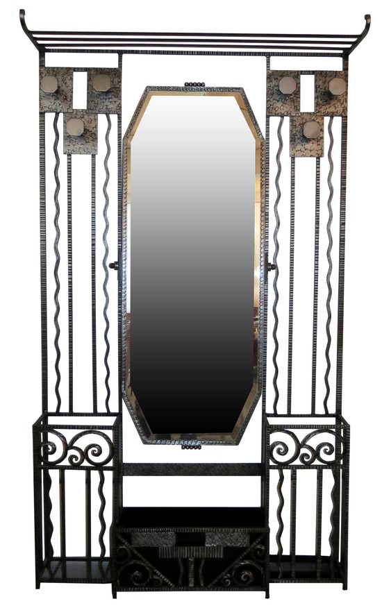French Art Deco Wrought Iron Hall Tree with Mirror Modernism