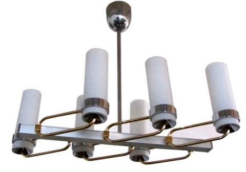 French Forties Brass and Chrome Six Light Ceiling Fixture ART DECO-Modernism