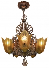 American Art Deco Bronzed Metal Slip Shade Chandelier ART DECO-Modernism
